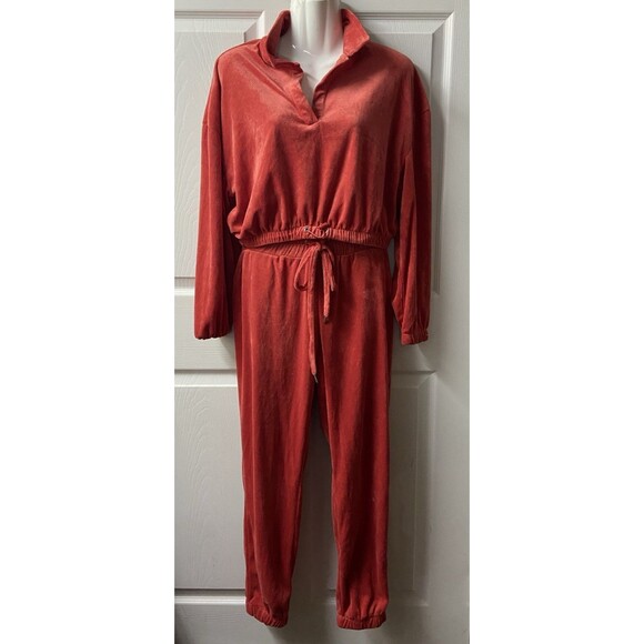 Zoe and Phoebee Track Suit  Womens Large Rust Velour 2 Pc Crop Sweatsuit Set - Picture 1 of 16